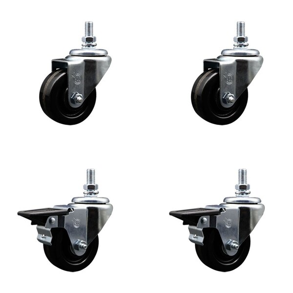 Service Caster 3 Inch Phenolic 12 Inch Threaded Stem Caster Set 2 Brakes SCC SCC-TS20S314-PHS-121315-2-PLB-2 - main